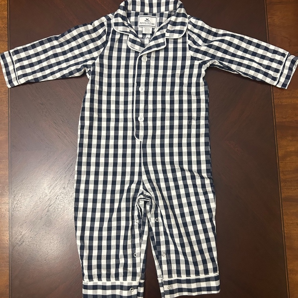 Petite Plume Baby's Twill Summer Romper in Navy Blue Gingham 12/18 Months